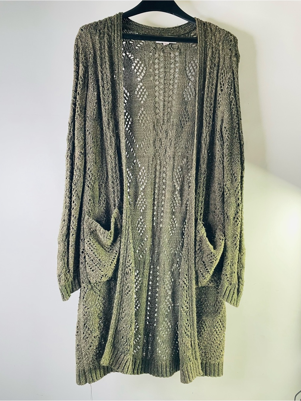 Knox Rose Olive Green Open-Knit Long Cardigan Bohemian Pointelle Lace